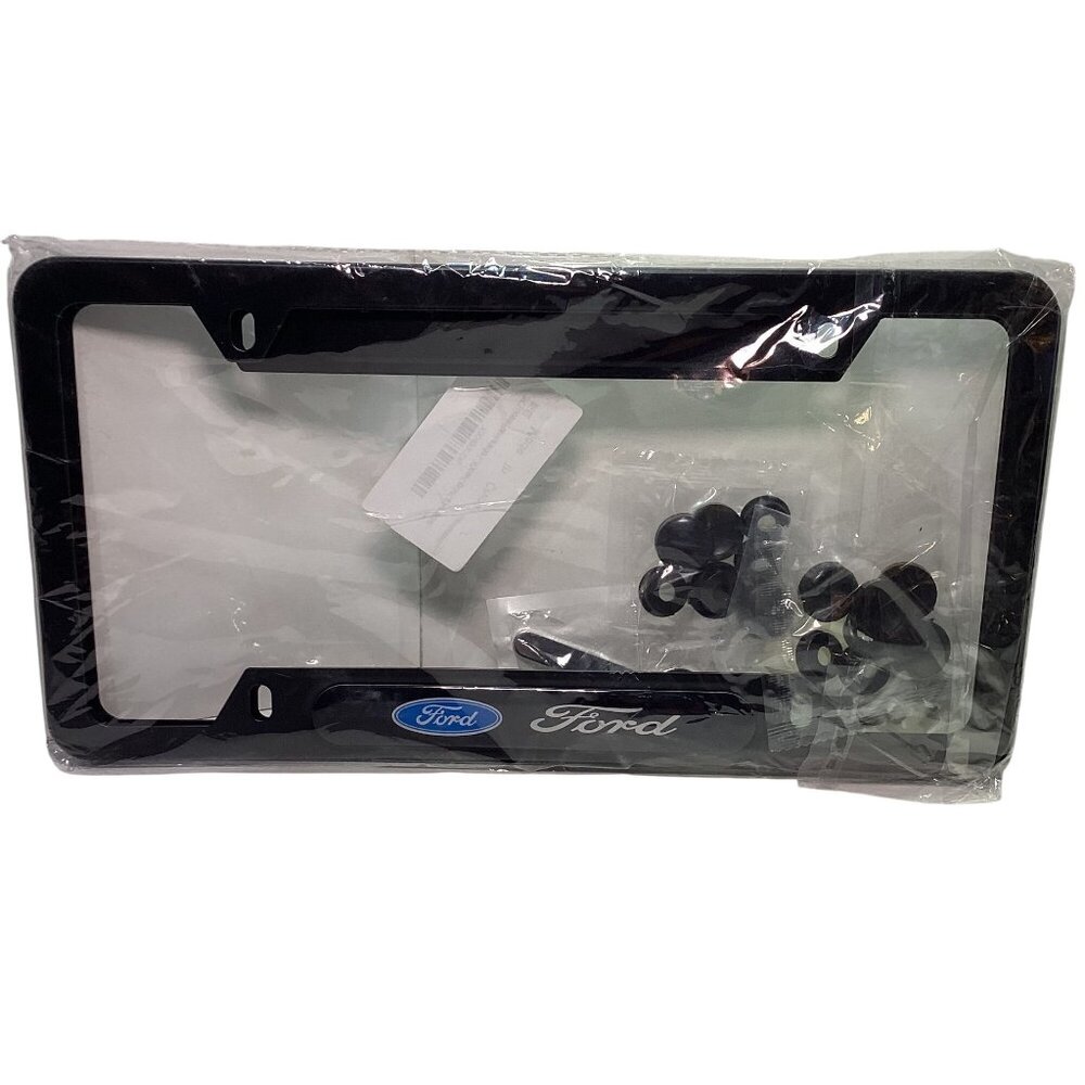 2 Metal License Plate Frames For Ford Logo  W/ Ford Logo Valve Stems Black NEW